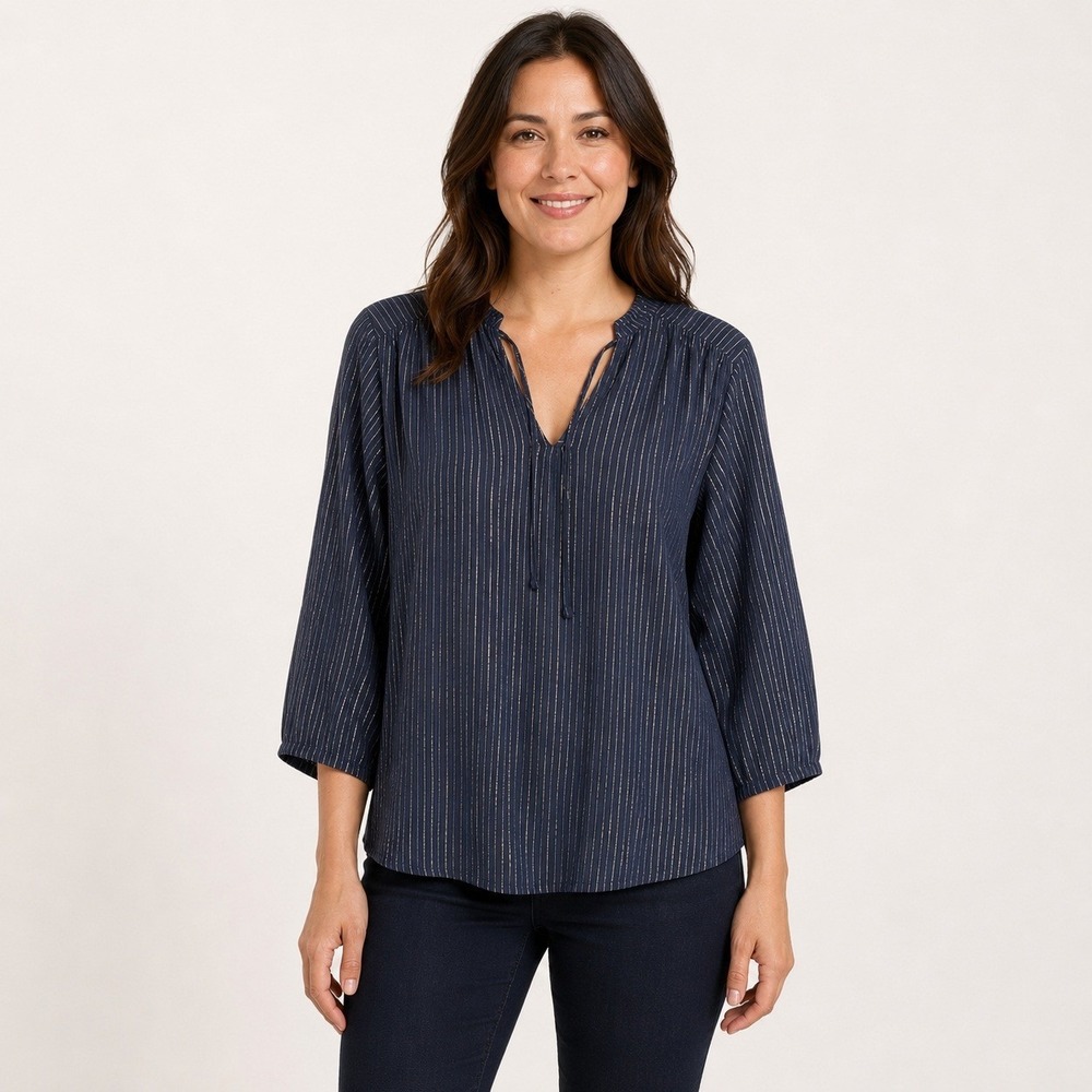 Old Navy Women's Medium Navy Metallic Stripe Tie-Neck 3/4 Sleeve Blouse